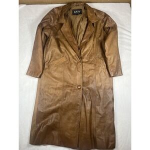 Vintage IZZI Leather Overcoat Womens Medium Brown Long Single Breasted 90s‎